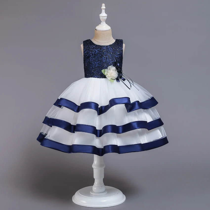 NAVY BLUE Белое многослойное Сетчатое платье принцессы с цветочным рисунком праздничное платье с блестками и бантом для девочек элегантные свадебные платья для девочек, одежда K1-A17 - Цвет: NAVY BLUE
