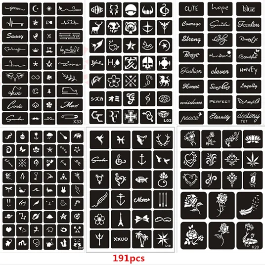 191pcs/set Glitter Tattoo Stencils for Painting Reusable Airbrush Stencil Body Hands Wrist Henna Pochoir Peinture | - Цена: 
