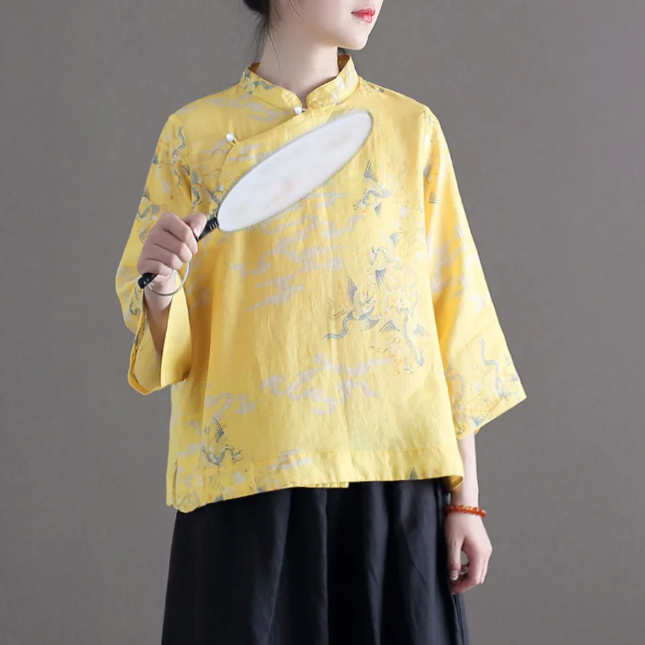 Women Loose Ramie Printed Shirt Tops Ladies Print Ramie Blouse Female 2020 Summer Ramie Stand Collar Shirts 6