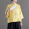 Women Loose Ramie Printed Shirt Tops Ladies Print Ramie Blouse Female 2020 Summer Ramie Stand Collar Shirts 6