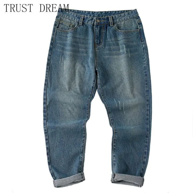 2019 Fall Man Nostalgic Jeans Vintage Loose Slim Straight Jeans Ankle-length Men Casual Denim Pants Male Fit Quality Leisure