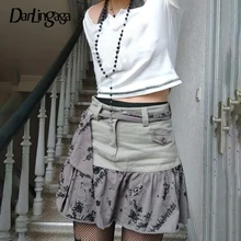 

Darlingaga Vintage Fashion Print Patchwork Y2K Mini Skirts Women Harajuku Graphic Lace Up Belt Low Waist Skirt Summer Aesthetic