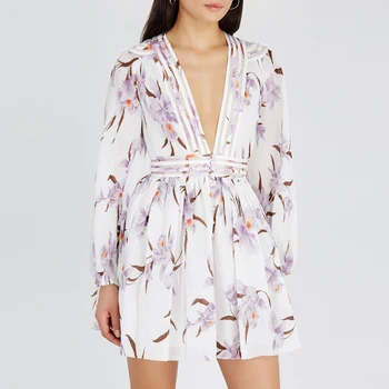 

2020 Spring Autumn Fashion Runway Long Sleeve Dress Women Deep V Neck Floral Print Sexy Elegant Mini Dress Female Party Vestidos