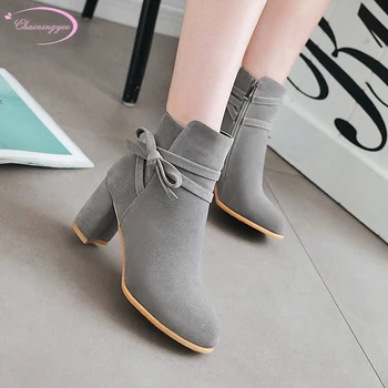 

OL style round toe flock ankle boots fashion lace-up zipper black beige gray brown high heel thick riding boots women's shoes