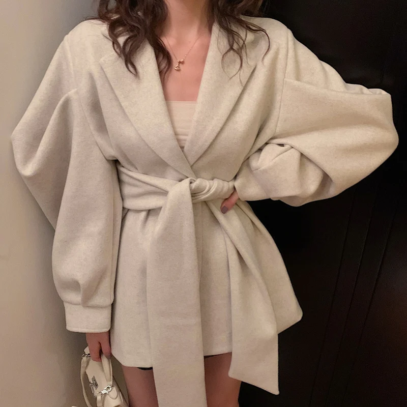 Элегантное женское пальто, винтажный буф-рукав, с поясом, Женское шерстяное пальто, Осень-зима, офисное Женское пальто, куртки