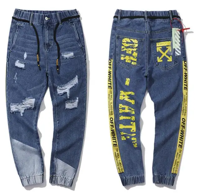

OFF-WHITE OW VIRGIL ABLOH OW Off White Yellow Ribbon Elastic Shredded Dark Jeans