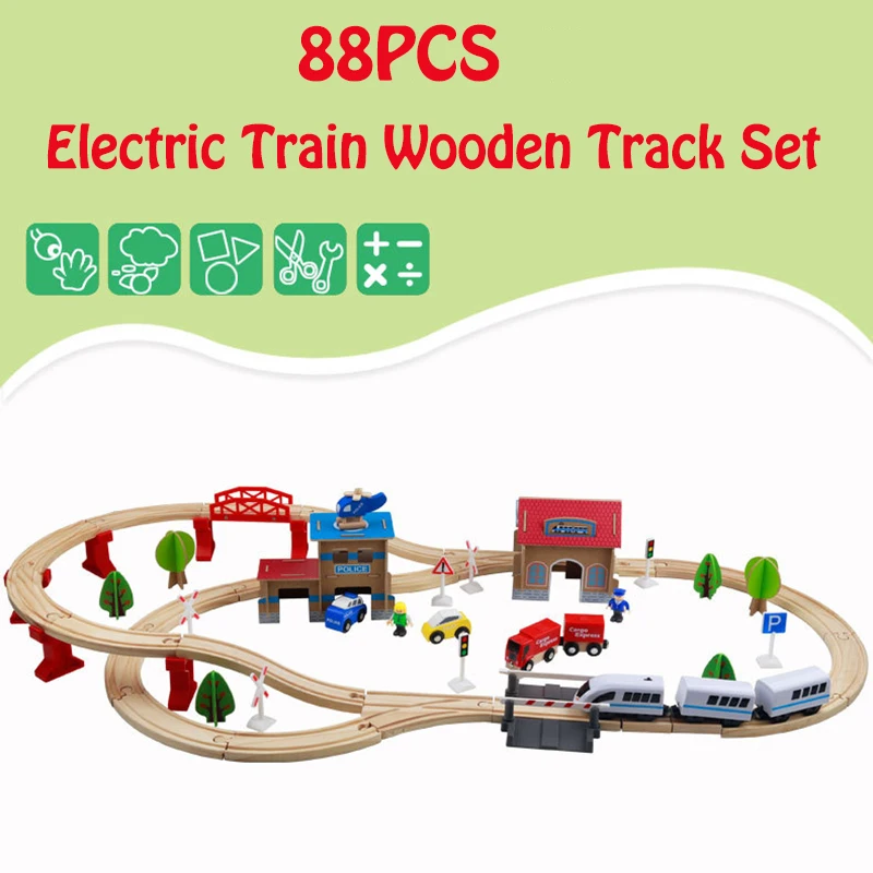 

88PCS Wooden Train Track Railway plane Set Diecast Car Model Puzzles Magnetic Wood Track Set Educational Toys For Children