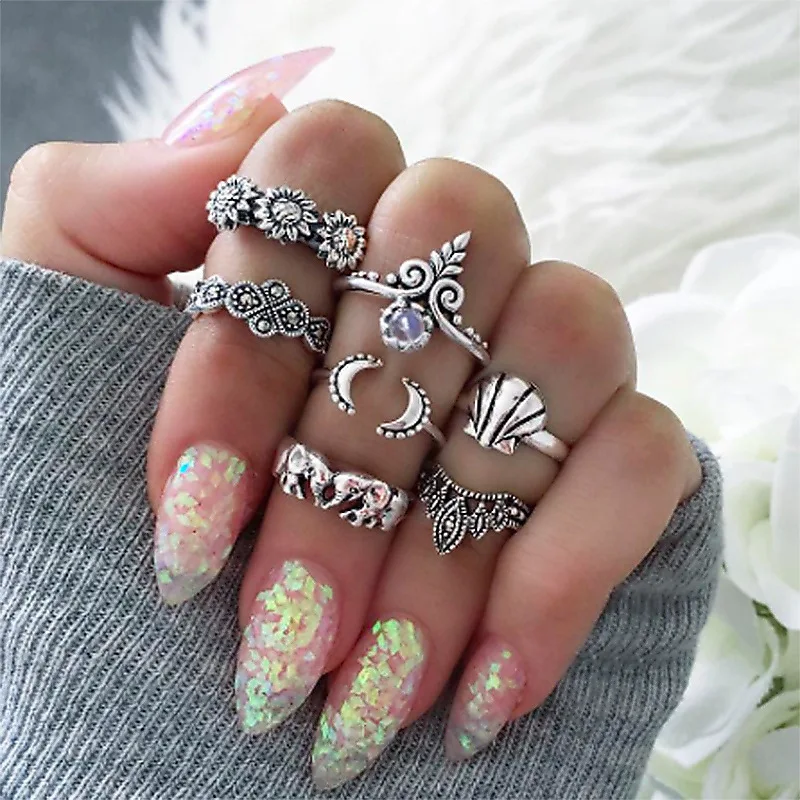 

Bohemia Vintage Geometric Ring Set crown moon Elephant sunflower Knuckle Finger Ring Jewelry 2019