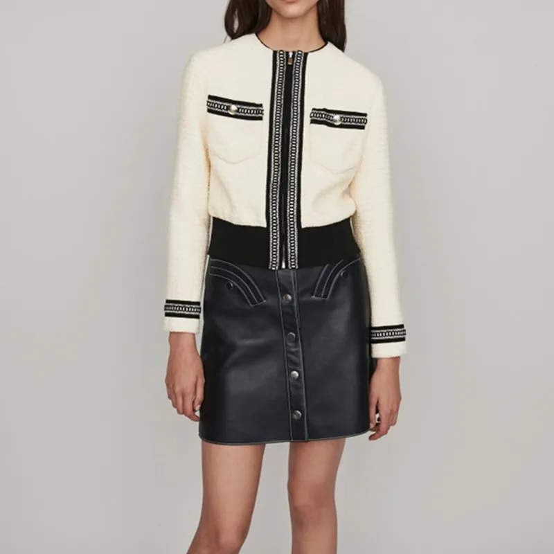 

2019 Autumn Winter tweed Women's coat top color matching O-neck short ladies jacket with zipper female Cardigan outwear
