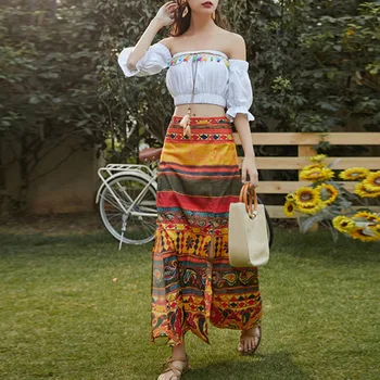 

Ethnic Print Boho Skirt High Waist Summer Sexy Split Fashion Print Bohemian Beach Trips A Line Elegant Ladies Casual Midi Skirts
