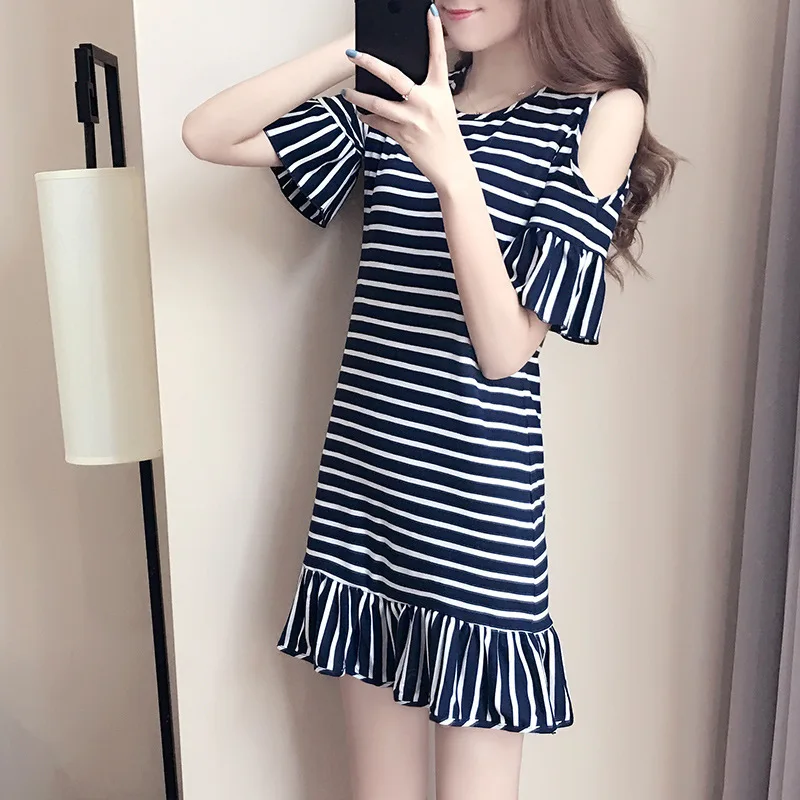 

2018 Summer Korean-style New Style Flounced Sleeves Exposed Shoulder Stripes in Length Dress Slim Fit Slimming Skirt