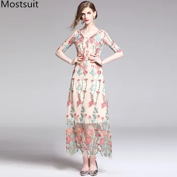 

Runway Vintage Floral Embroidered Long Maxi Dress Women Half Sleeve V-neck Party Elegant Fashion Dresses Vestidos Mujer 2020