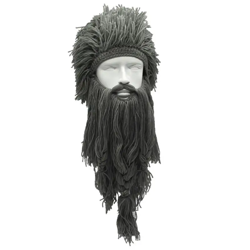 Мужская Женская варварская викинговая вязаная шапка ручной работы со съемной длинной фальшивой бородой забавная сумасшедшая теплая шапочка для косплея на Хэллоуин