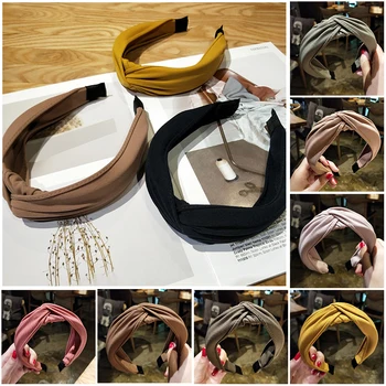 

High-grade solid color fabric hand cross Top Knot knotted hook wide side headband Elegant Hair Holder Candy Color Hair Hoop