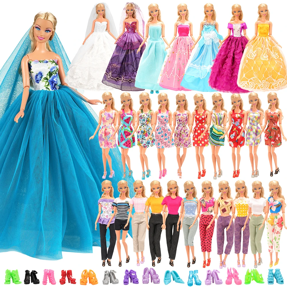 BARWA 25 articolo accessori per bambole \u003d 3 abito da sera a coda lunga + 10  Mini abiti per bambole + 2 Top pantaloni vestiti + 10 scarpe per Barbie  giocattoli fai da te|Dolls Accessories| - AliExpress