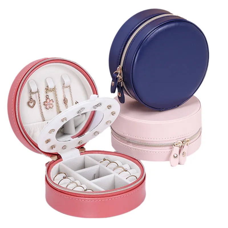 

Portable Jewelry Box Organizer Round Travel Leather Jewellery Ring Earring Necklace Ornaments Case Mom Wife Girlfriend Gift