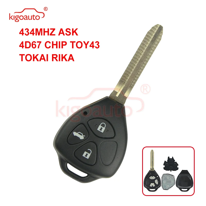 Kigoauto Remote Key 3 Button Toy43 Blade 434Mhz With 4D67 Chip For Toyota Corolla Camry 2007 2008 2009
