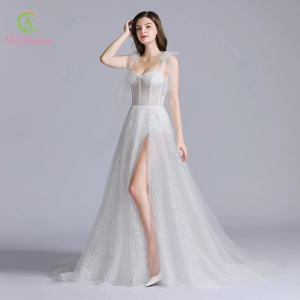 SSYFashion, новинка, вечернее платье, сексуальное, белое, v-образный вырез, без рукавов, тюль, с высоким разрезом, Пляжное, с открытой спиной, на выпускной, официальное платье, на заказ, Robe De Soiree