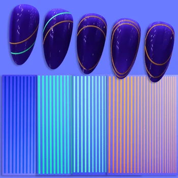 

1PC Blue Yellow Purple Fluorescent 3D Nail Stickers Geometry Stripe Line Luminous Snowflake Nail Art Transfer Decals Decoration