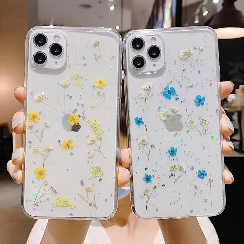 Прозрачный чехол с блестками Real Dry Flower для iPhone 11 Pro Max XR XS 8 7 6 6S Plus мягкий эпоксидной