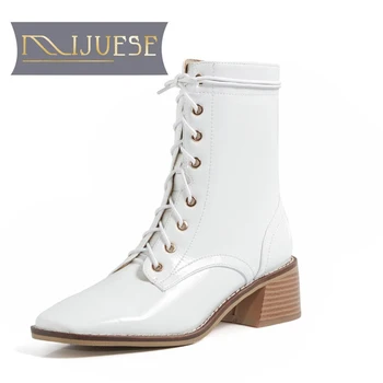 

MLJUESE 2021 women soft ankle boots zippers boots winter short plush square toe high heels women boots size 34-40