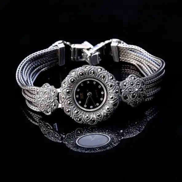 Black Новые модные ювелирные изделия Тайское Серебро S925 чистое серебро тайское ремесло цветок сливы женские и мужские часы-браслет для mwn и женщин - Окраска металла: Black