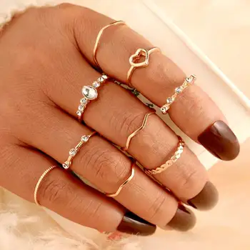 OFERTA ESPECIAL ❤️ Vienkim-Conjunto de anillos para las articulaciones para mujer, Set de 9 unidades de anillos para las articulaciones, con diseño de corazón redondo, estilo bohemio Vintage, joyería de boda, 2019 - discount item 50% OFF Joyas y complementos