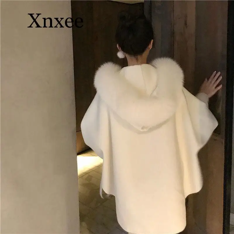2020 New Women Winter Fashion Loose Faux Fox Fur Poncho Cape Coat Big Collar Shawl Cloak Knit Cashmere BatSleeve Pashmina Wraps