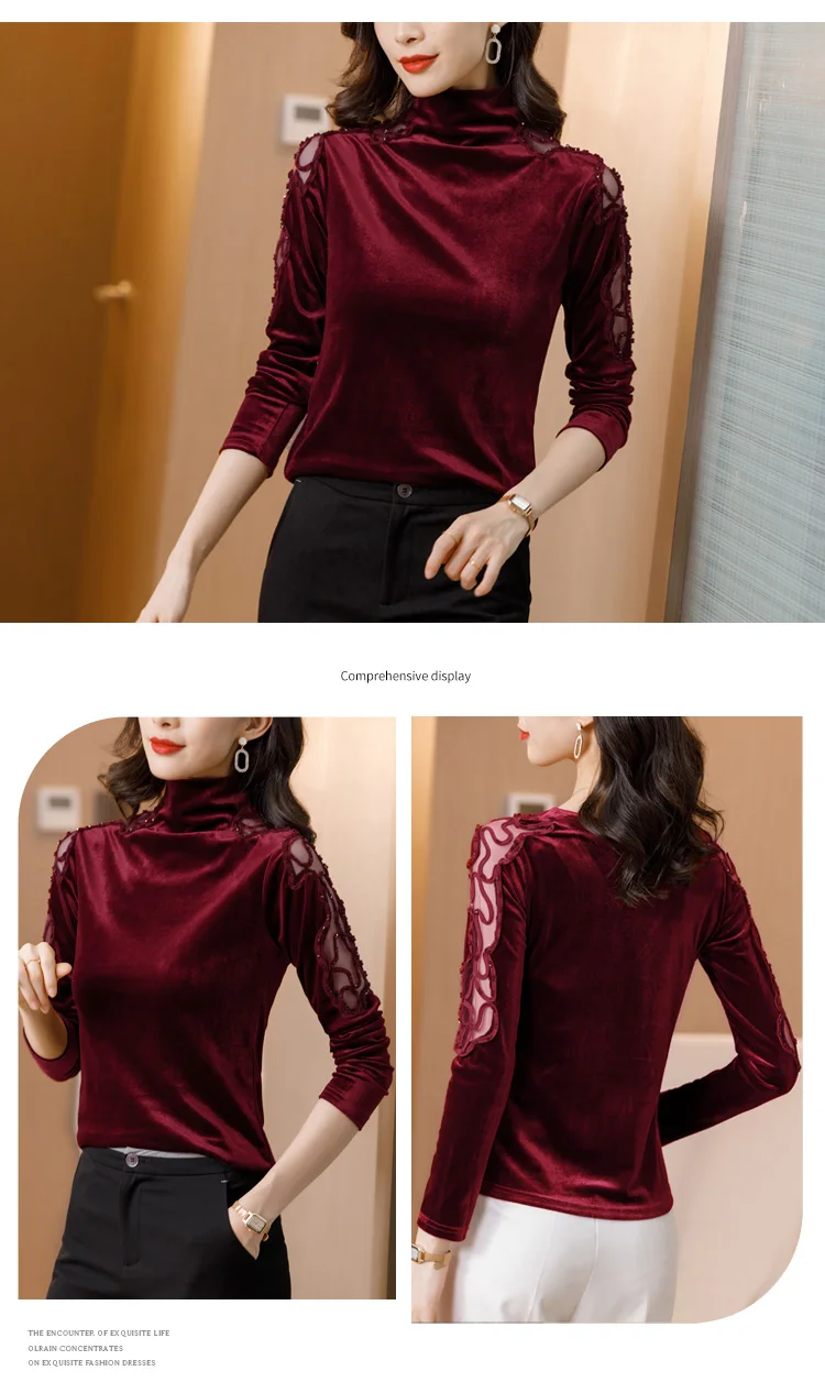 New 2020 Autumn winter woman tshirts Korean fashion slim high neck velvet t-shirt embroidered long sleeve bottoming shirt