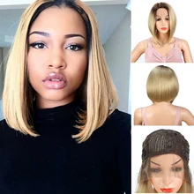 Natifah короткий боб парик Омбре синтетический кружевной передний парик золотые прямые волосы парики для женщин косплей парик