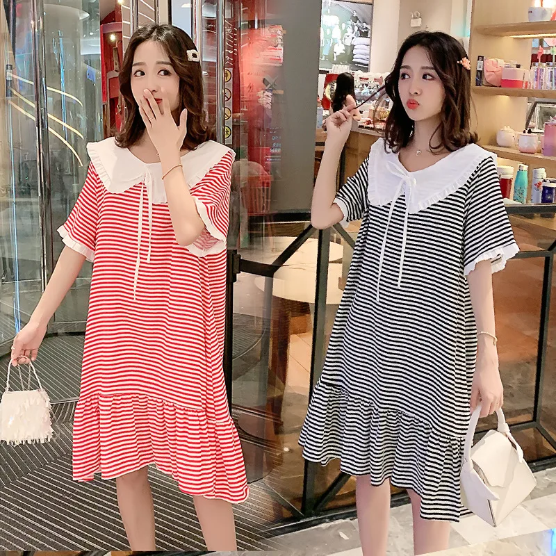 

2019 Summer Short-sleeved Peter Pan Collar Stripes Large Size Dress-Style New Style Maternity Clothes