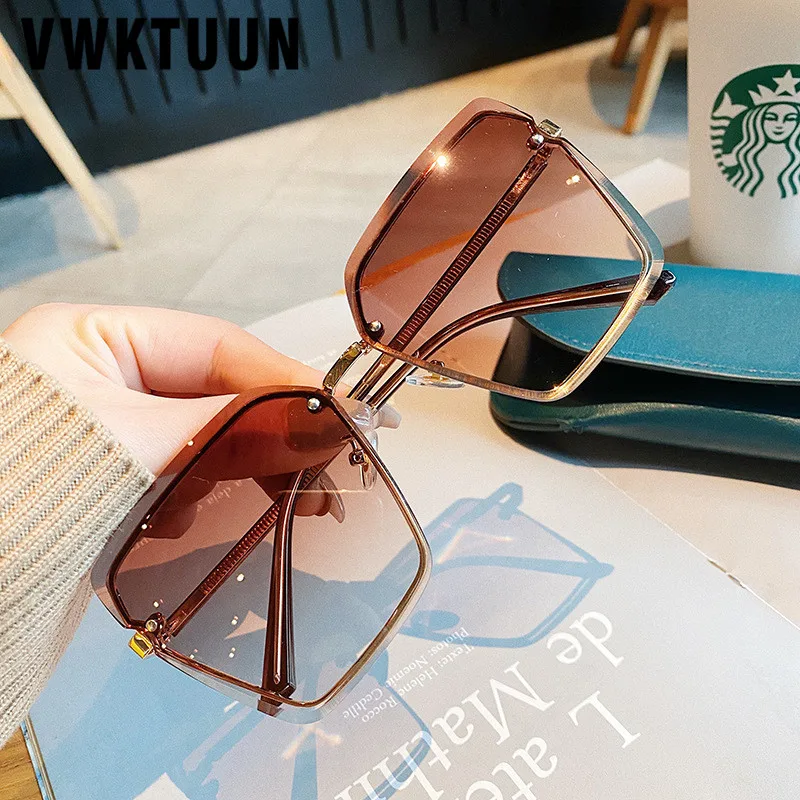 

VWKTUUN Rimless Sunglasses Women 2021 Square Sunglasses Luxury Oversized Glasses UV400 Gradient Lens Sun glasses Big Shades