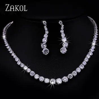 

ZAKOL Fashion Sparking Clear Round Cut Cubic Zircon Women Jewelry Sets for Brides Wedding Evening Jewelry Factory Price FSSP097