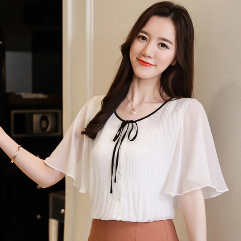 Новинка 2018 Летние Стильные женские блузки с коротким рукавом и бантом женская