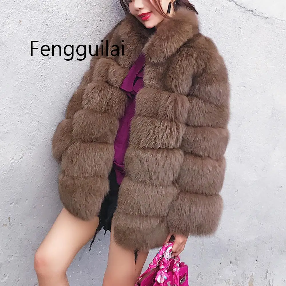 

FENGGUILAI Faux Fur Coat Women Winter Female Sheepskin Coats Pure Color Faux Fox Fur Collars Snap Fastener Furs Plus Size