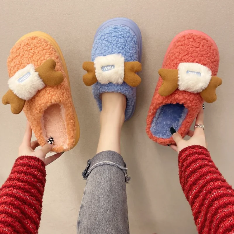 

Cartoon Antler Plush Slippers Women Christmas Soft Bottom Flat Bottom Plus Velvet Warm Cotton Slippers
