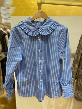 

2020 Summer Temperament Simple Wind Lotus Leaf Edge Stripes Cuff Long Sleeve Shirt Female 23042