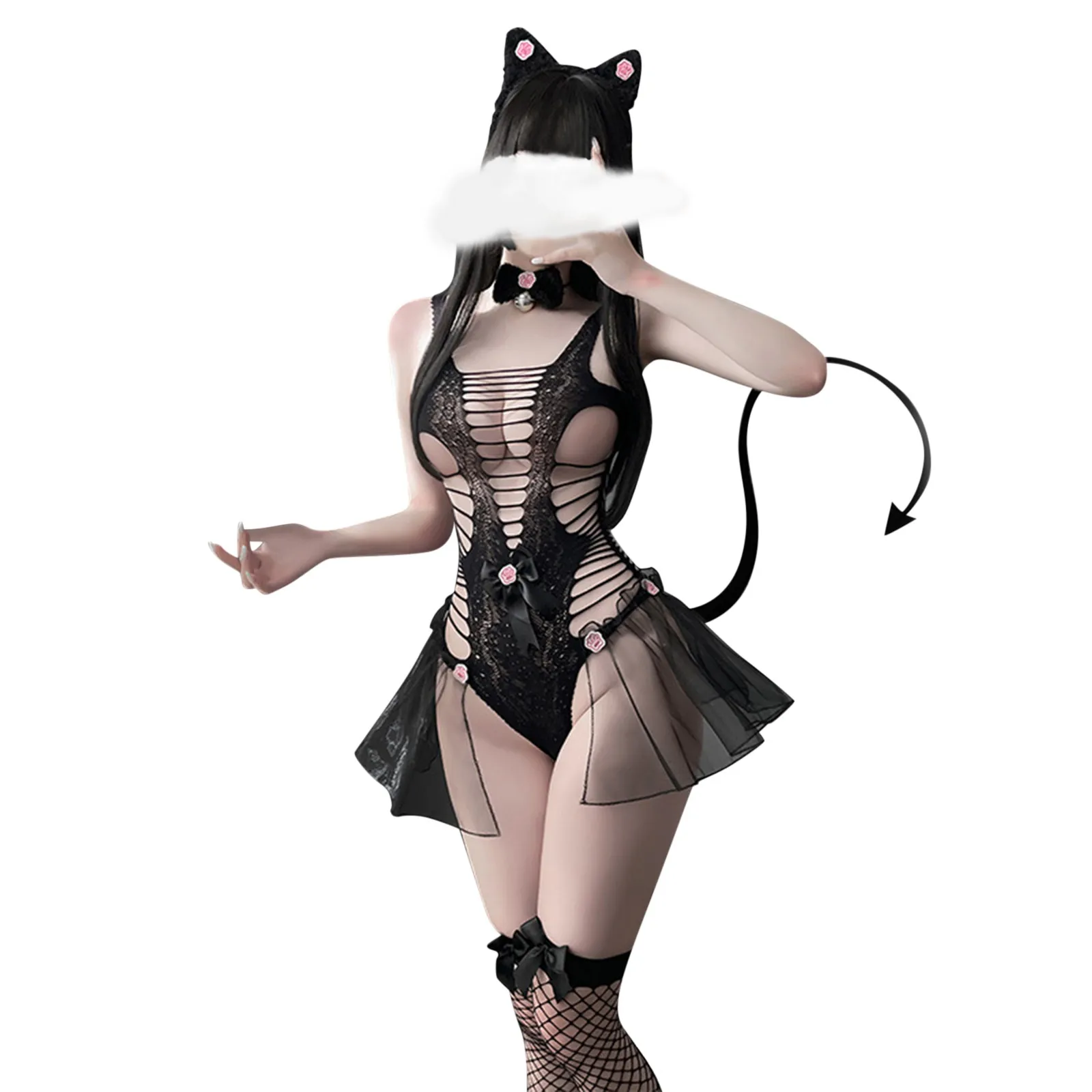 Sexy Cat Uniform Erotic Outfit for Woman Wrapped Chest Mesh Bow Girl Sexy Love Cosplay Costumes Lace Up Cat Cow Nightclub #F