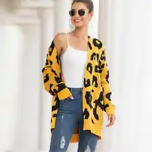 Осенний и зимний женский миди длинный двойной карман леопардовый кардиган Модный повседневный вязаный свитер