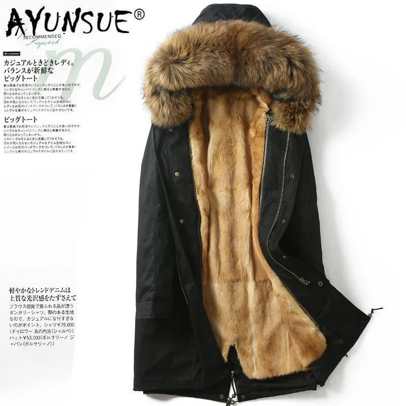 

AYUNSUE Mink Coat Long Parka Real Fur Coat Winter Coat Men Natural Mink Fur Liner Warm Parka Raccoon Fur Collar P17PK2221 YY1356