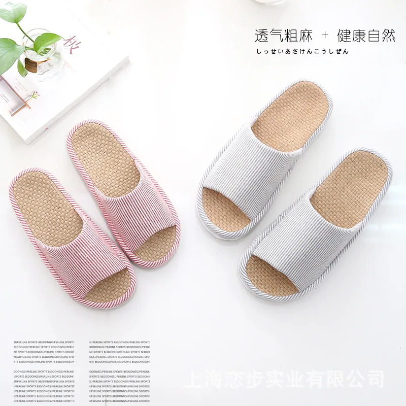 

New Style Stripes Linen Household Floor Hemp MEN'S Slippers Spring Summer Couples Anti-slip Slipper WOMEN'S Shoes