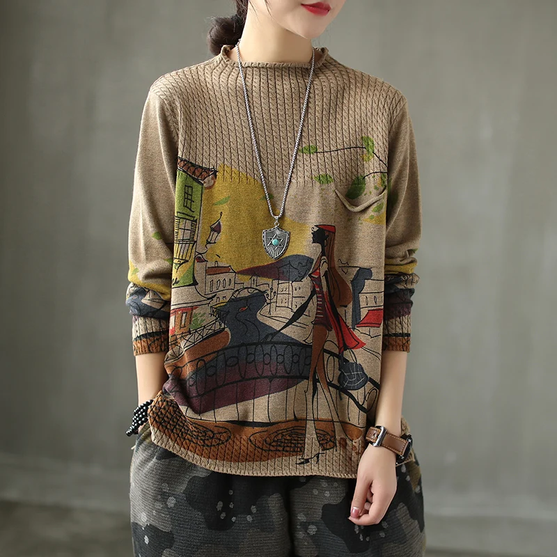 Winter Pullover knitwear women's Vintage cartoon printed sweater loose oversized sweater plus size knit sweater women Z3