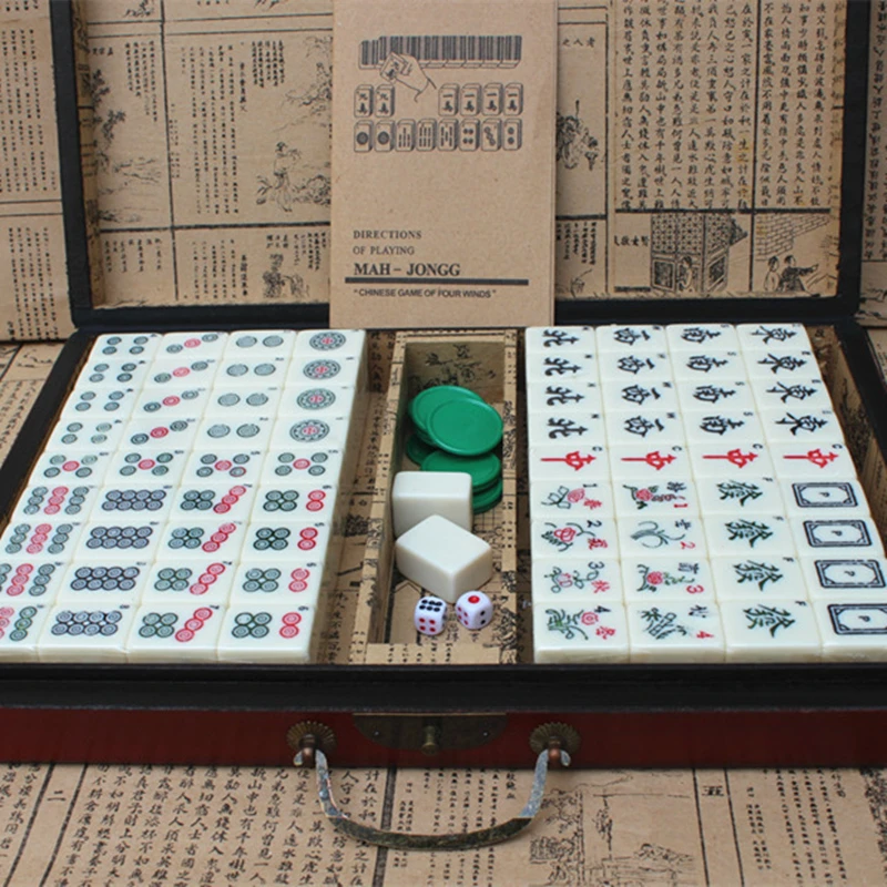 Mahjong Portatile Pieghevole Scatole Di Legno Set Gioco Da Tavolo Mah-Jong Viaggiare Scheda Di Gioco Da Interni Scatola Di Cuoio Antico Manuale Ingles