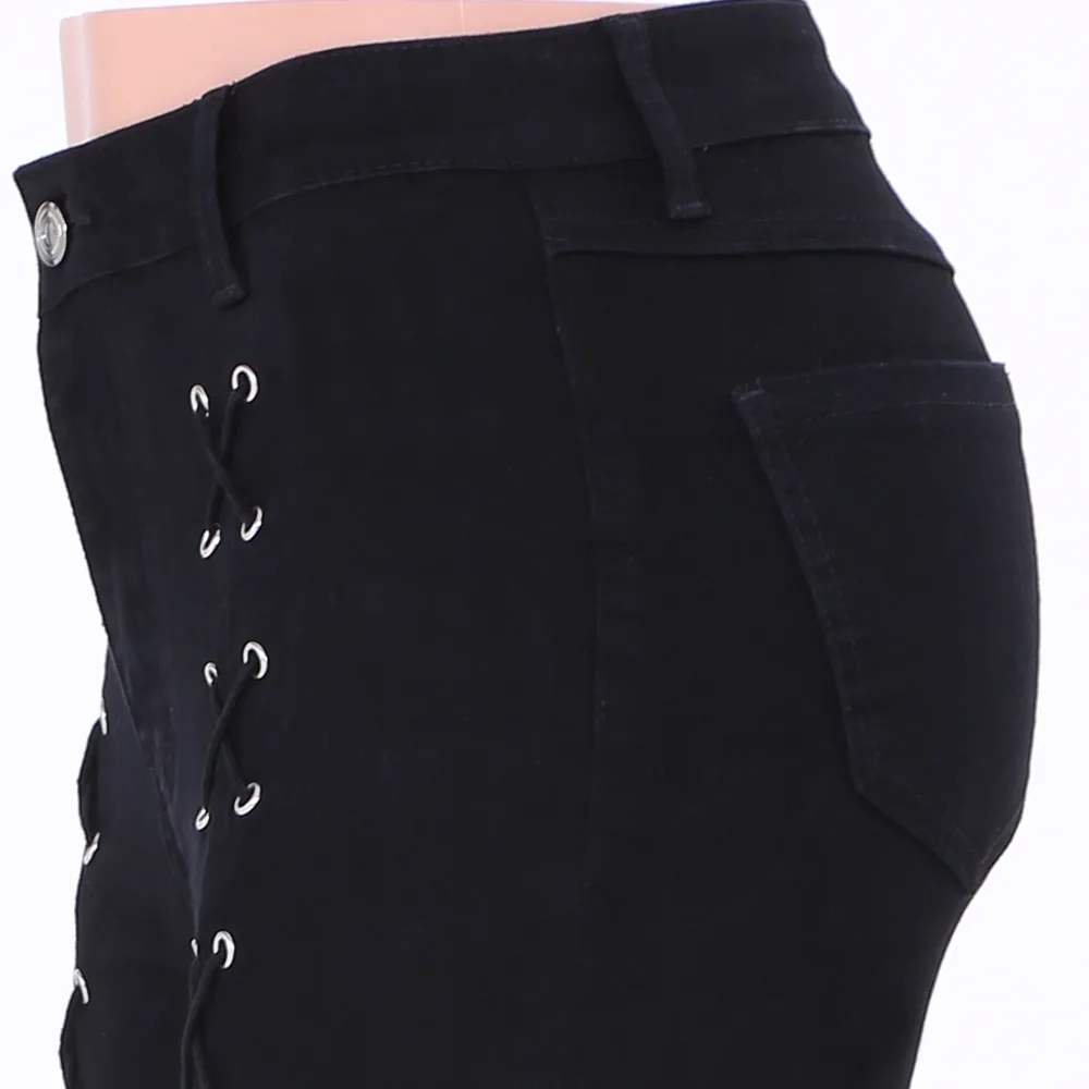 Women High Waist Skinny Denim Jeans Stretch Hollow Lace Up Pencil Pants Ladies Slim Tight Sexy Cross Bandage Denim Jeans AA11510