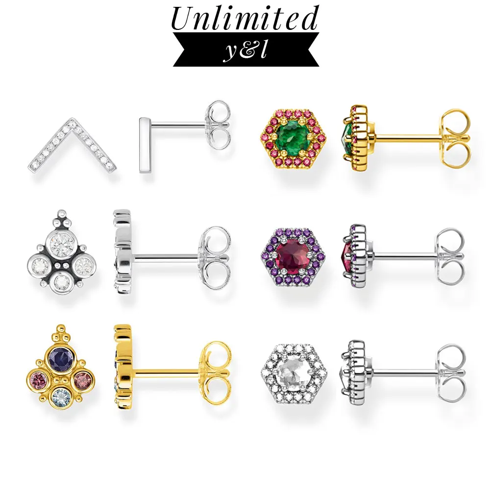 

Colorful Hexagon Royalty Gold Red Green Stud Earrings 925 Sterling Silver Ear Stud Thomas Fashion Good Jewelry for Women Men