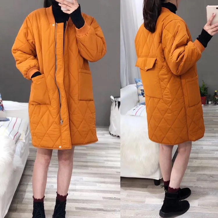 

18 Autumn And Winter New Style Casual Simple Korean-style Stand Collar Solid Color Rhombus Mid-length Thick Cotton Overcoat Wome