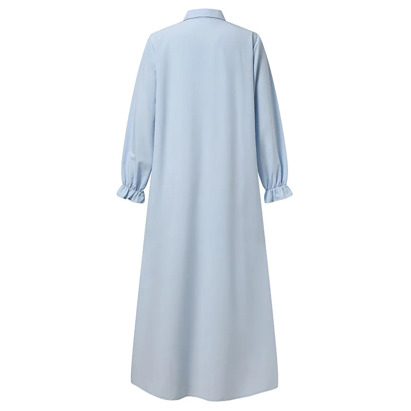 Eid Mubarak Plain Vintage Dress Muslim Women Abaya Shirt Collar Single Breasted Casual Islam Robe Saudi Arabia Femme Kaftan