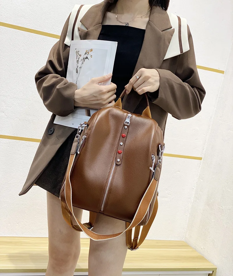 ZENCY 2022 NEW Excellent HOT 100% Genuine Leather Women's Backpacks First Layer Cowhide Large Capacity School Book Backpack Bags