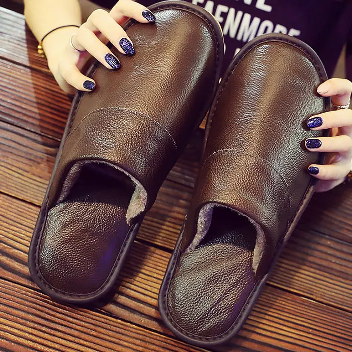 Домашние тапочки; женская обувь из натуральной кожи; короткие плюшевые тапочки; большие размеры 4,5-11; высококачественные слипоны унисекс; женская домашняя обувь - Цвет: Brown