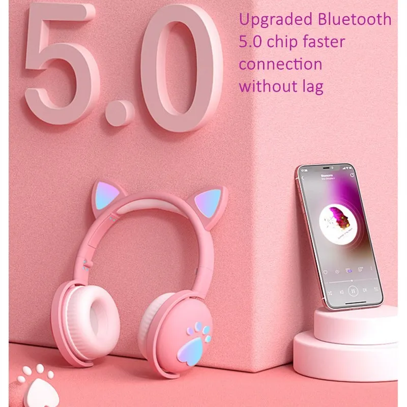 Shoumi Wireless Headphones Glowing LED Cat Ear Paw Christmas Girls Gift Kid Bluetooth Headset Stereo Bass 3 5 Headphone With Mic